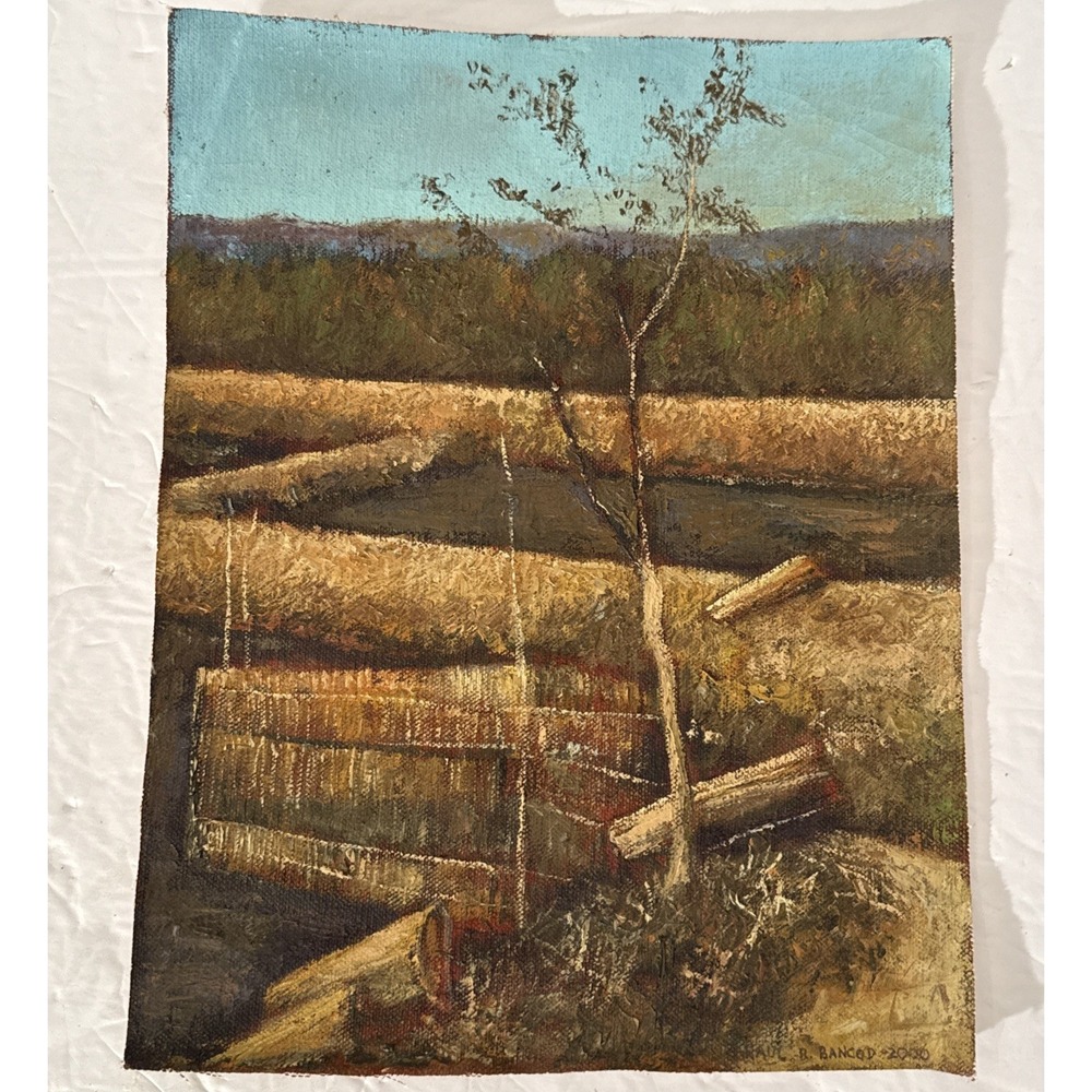 Vintage Original Signed Oil Painting Rural Landscape Golden Fields-11.5"x8 7/8"